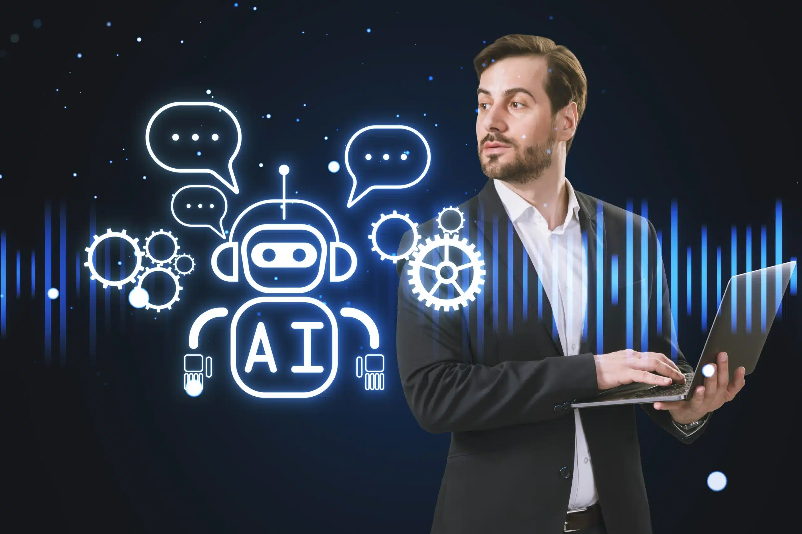 828789644 attractive businessman with laptop creative glowing robot ai hologram standing blurry background automated machine learning artificial intelligence conversation assistant concept scaled