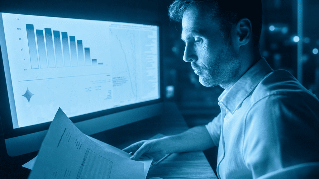 Man illuminated by blue light in a dark room, intently studying a printed document while sitting in front of a computer monitor.
